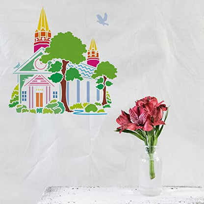 FINGERINSPIRE Church Stencil for Painting, 11.8x11.8 Inch Reusable DIY Art and Craft Stencils, Castle Stencil Drawing on Wood, Canvas, Paper, Fabric, Walls and Furniture - color: Church