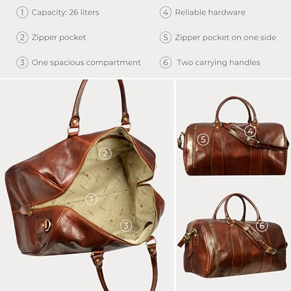 Time Resistance Leather Duffel Bag - Large Weekend Gym Travel Bag (Brown) - color: Dark Brown