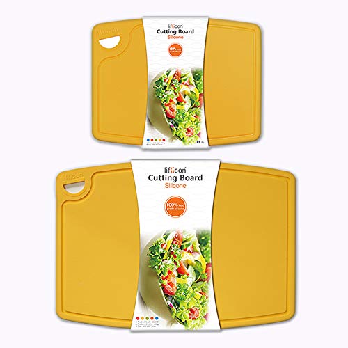 Liflicon Thick Cutting Boards for Kitchen Silicone Chopping Board Set of 2 Mid 12.6'' x 9.1”,Mini 9.1”x7.1” Non-slip Deep Drip Juice Groove Easy Grip Handle,Dishwasher Safe-Yellow - color: Yellow, size: S+M