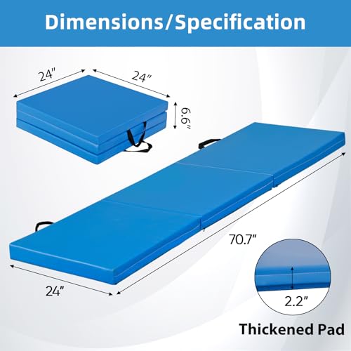 ZENY 2’’ Thick Tri-fold Folding Gym Exercise Mat Extra Thick Gymnastics Mat Tumbling Mat with Carrying Handles for Home Workout, Core Workouts, Stretching, MMA, Yoga - color: blue