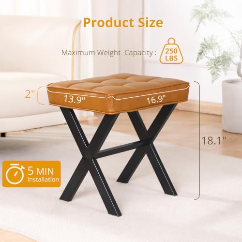 LUE BONA Vanity Stool, Faux Leather X-Leg Foot Stool, Small Ottoman Makeup Stool Chair for Vanity, Modern Padded Foot Rest Vanity Seat for Makeup Room, Bathroom, Whiskey Brown - color: Whiskey Brown