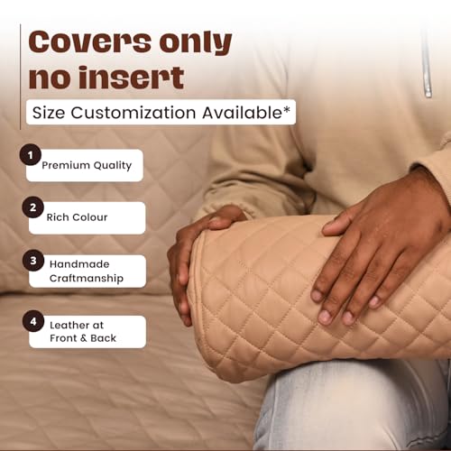 Neck Roll Pillow Cushion Cover, 16x6 Inch Full Moon Round Bolster Pillow Case, Cylinder Soft Lambskin Leather Pillowcase for Head, Spine & Neck Support During Sleep - Quilted Beige Pack of 2 - color: Quilted Beige Pack of 2