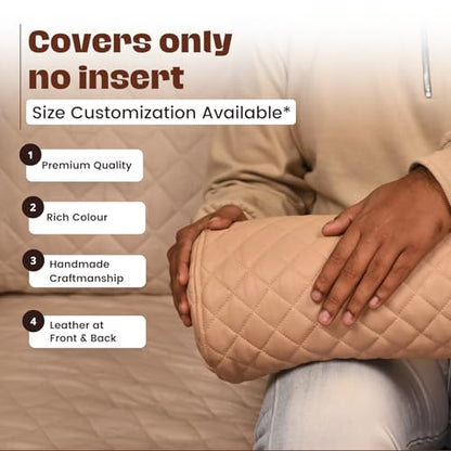 Neck Roll Pillow Cushion Cover, 16x6 Inch Full Moon Round Bolster Pillow Case, Cylinder Soft Lambskin Leather Pillowcase for Head, Spine & Neck Support During Sleep - Quilted Beige Pack of 2 - color: Quilted Beige Pack of 2