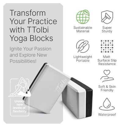 Yoga Blocks 2 Pack with Strap and Guide – Soft Non-Slip EVA Foam Blocks | High-Density Pilates Blocks for Home Workouts, Dance, Ballet, Gymnastics & Stretching Exercise, Dance Accessories and Gifts - color: Gray/Black - Stretch Band Gray