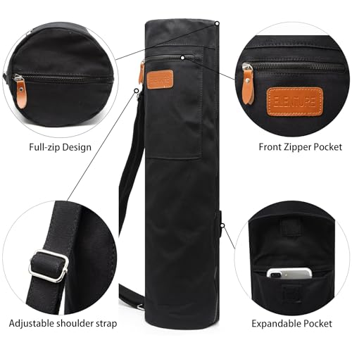 Yoga Mat Bag for Women & Men, Full-Zip Canvas Pilates Bag with Pockets | Lightweight Yoga Mat Carrier with Adjustable Shoulder Strap, Fits 1/4 & 1/3 Inch Thick Mats, for Studio Gym Travel Workout - color: Black-1