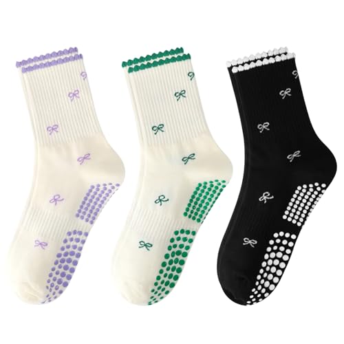 Women's Pilates Grip Socks, Ruffle Non Slip Bow Pattern Yoga Socks | Grippy, Frilly Trim, Embroidery, Crew Length, Soft Cotton, Arch Support, for Barre Ballet Dance Workout Hospital Home Gifts - color: F04-green + Black+ Purple