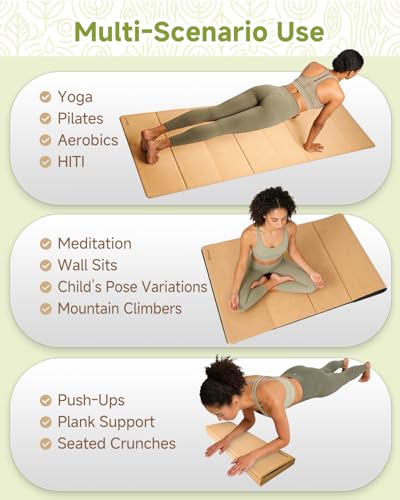 Rocalt Foldable Cork Yoga Mat, Non Slip Travel Pilates Workout Mat | 69" x 24" x 0.25", accordion-fold design, POE backing, carry strap for yoga, stretching and travel