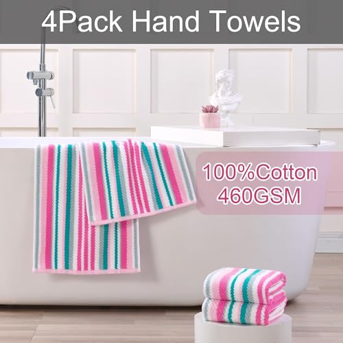 VOOVA & MOVAS Striped Hand Towels 4 Pack, 100% Cotton, 16x27 in, Pink Teal - color: Pink + Aqua + Teal Striped, size: 4 PC Hand Towels (16"x27")