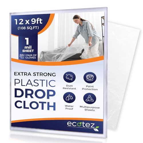 1 Pack 12 x 9 ft Extra Large Plastic Drop Cloth for Painting | Light & Durable Tarp Cover for Furniture Plastic Clear Tarp Waterproof - Paint Floor Covering - Painters Drop Cloth Sheeting - size: 1 Sheet