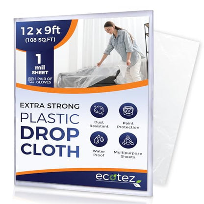 1 Pack 12 x 9 ft Extra Large Plastic Drop Cloth for Painting | Light & Durable Tarp Cover for Furniture Plastic Clear Tarp Waterproof - Paint Floor Covering - Painters Drop Cloth Sheeting - size: 1 Sheet