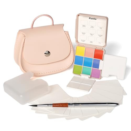 Funto Mini Watercolor Set Travel Kit with 9 Colors, Leather Bag & Watercolor Paper, Portable Drawing & Painting Supplies for Beginners, Art Gift Set - style: Travel Set