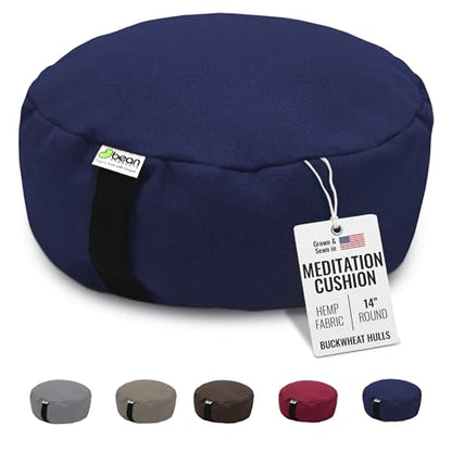 Bean Products Hemp Round Zafu Meditation Cushion, Yoga Pillow - Blueberry | Heavy Weight Washable Hemp Cover - Buckwheat Hull Filled Inner liner - Zen Floor Sitting Cushion - 14" Diameter - color: Hemp Blueberry, size: Round - 14"