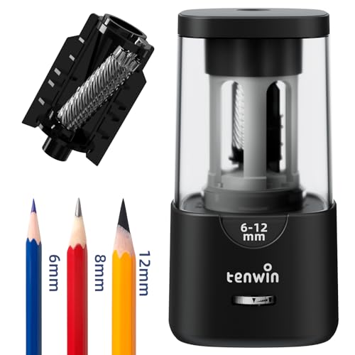 tenwin Electric Pencil Sharpener - Auto Stop, for 6-12mm Colored Pencils | Auto Stop, Sharp & Fast, for Wooden/No.2/Colored Pencils, Plug in, Helical Blade, Ideal for Home & Classroom - color: Black