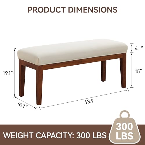 WUTUTUEE 43.5'' Linen Bedroom Bench, Upholstered End of Bed Bench, Padded Vintage Dining Bench, Entryway Bench with Solid Wood Legs, Kitchen, Living Room, Hallway, White - color: White-linen