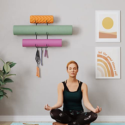Wallniture Guru Yoga Mat Holder Wall Mount with 3 Hooks for Hanging Yoga Strap, Resistance Bands, 5-Sectional Metal - color: Black, size: 19'' H | 3 Sectional