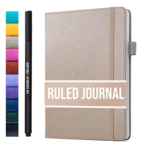 Lined Journal Notebook for writing + Free Pen! Ruled 200 pages, 120gsm Thick Paper with Sticky Notes,pen loop, elastic band, leather hard cover | Scribbles That Matter A5 journals, (5.75 x 8.2) - color: Taupe