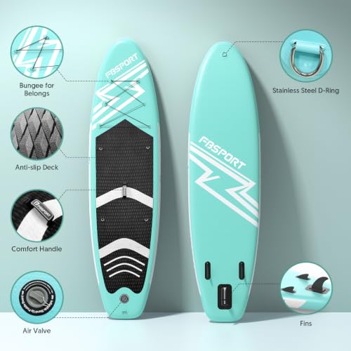 FBSPORT 11' Premium Stand Up Paddle Board, Yoga Board with SUP Accessories & Carry Bag | Wide Stance, Surf Control, Non-Slip Deck, Leash, Paddle and Pump for Youth & Adult - color: Mint Green