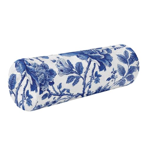 Bolster Pillow Neck Pillow Round Soft Health Memory Foam Pillows Long Cylindrical Body Pillow with Removable Cover Cute Back Yoga Blue and White Flowers Leaves 17" x 5.5" - color: Blue and White Flowers Leaves