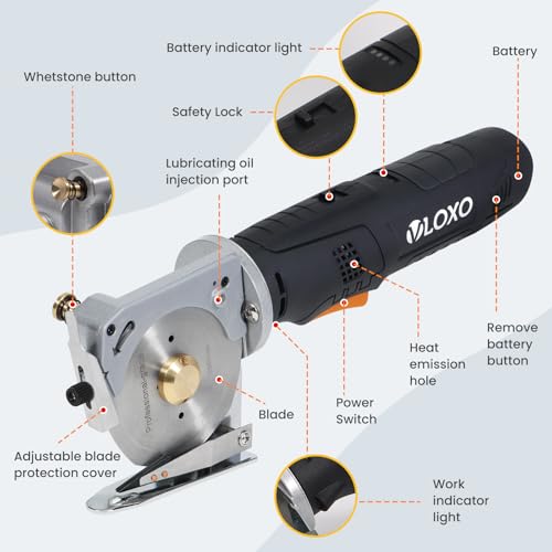 VLOXO Electric Rotary Fabric Scissors Cordless Power Fabric Cutter | Rechargeable Electric Scissors with Safety Lock, Replacement Blade, and Battery for Carpet Canvas Cotton Includes Case Black