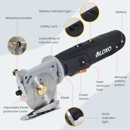 VLOXO Electric Rotary Fabric Scissors Cordless Power Fabric Cutter | Rechargeable Electric Scissors with Safety Lock, Replacement Blade, and Battery for Carpet Canvas Cotton Includes Case Black