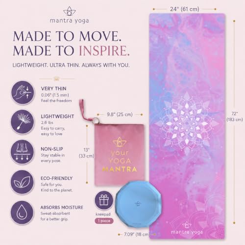 Mantra Yoga Travel PRO 1.5mm with Knee Pad - Foldable Fitness & Exercise Mat with Bag | Lightweight, Compact & Eco-Friendly | Non-Slip & Washable | For All Types of Yoga | 72" L x 24" W | 2.6 lbs - color: Mandala