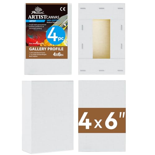 PHOENIX 4x6 Inch 4 Pack Gallery Canvas - Small 1.5 in Thick Canvases for Painting - Deep Edge 100% Cotton 11 Oz. Gesso Primed White Blank Professional Canvas Oil & Acrylic Paints - size: 4"x6", style: Gallery