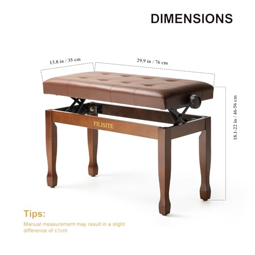 Adjustable Height Duet Piano Bench, Wooden Piano Stool with Waterproof Padded Cushion, Bench Seat for Vanity, Bedroom, Living Room, Light Brown - color: Duet-wood