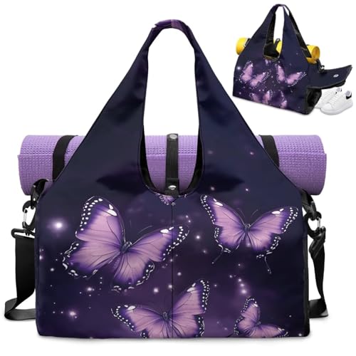 Gym Bag with Yoga Mat Holder Large Tote Bag With Multi Pockets for Women Men Dry Wet Separated Pocket Carryall Yoga Tote Bag for Pilates Travel Workout Office - color: Butterfly purple