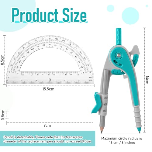 EBOOT Student Geometry Math Set, Drawing Compass and 6 Inch Clear Swing Arm Protractors 180 Degree Math Protractor(Turquoise) - color: Turquoise