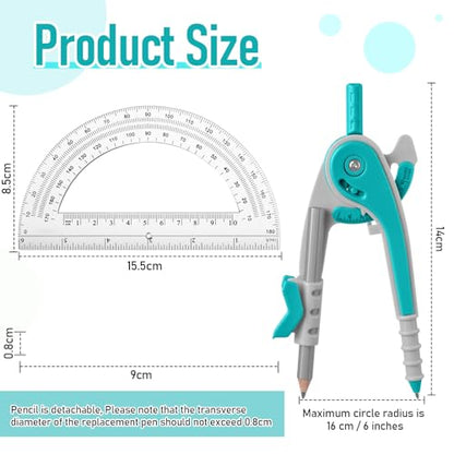 EBOOT Student Geometry Math Set, Drawing Compass and 6 Inch Clear Swing Arm Protractors 180 Degree Math Protractor(Turquoise) - color: Turquoise