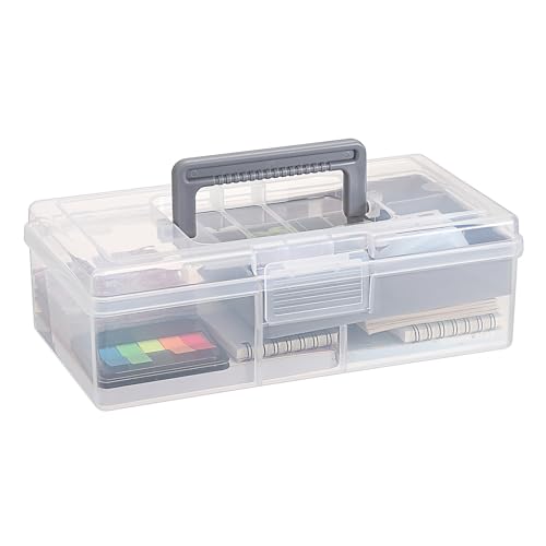 JUXYES Clear Art Craft Supply Storage Bin Sewing Box With Handle Lid | Clear Stackable Latching Craft Storage Bin for School Office, Organizing Stationery, Sewing, Art Craft, DIY Supplies - color: Gray, size: 1 Pack