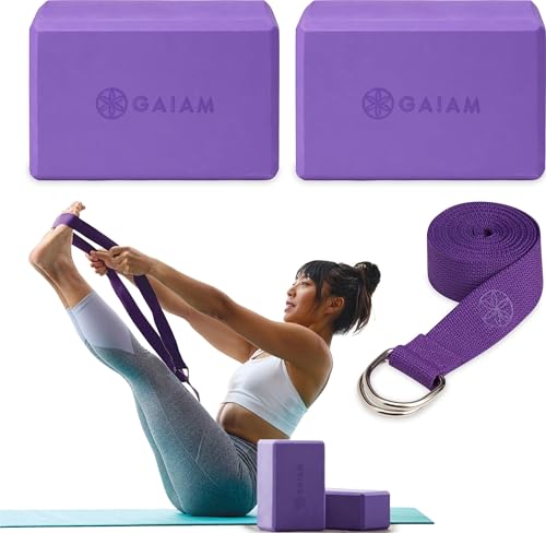 Gaiam Yoga Block - Supportive Latex-Free Eva Foam - Soft Non-Slip Surface with Beveled Edges for Yoga, Pilates, Meditation - color: Deep Pueple, style: 2 Blocks W/Strap