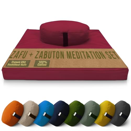 Bean Products Meditation Cushion Mat Set - Zafu Floor Pillow Organic Buckwheat Pillow + Cotton Filled Zabuton Prayer Pad - Meditation Pillow Yoga Knee Pad - Made in USA - 14" Round or 18" Oval - color: Burgundy - 10oz Cotton Canvas, size: Oval Combo