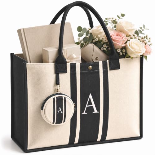 LEAFICO Initial Canvas Tote Bag – Monogrammed Gift for Women | Personalized Letter Tote for Travel Weddings Birthdays - color: a