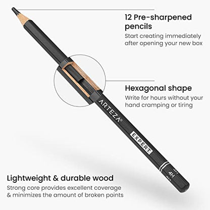 ARTEZA Drawing Sketch Pencils Set of 12, Graphite Pencils 6B to 4H, Pre-Sharpened Art Pencils in Metal Tin for Sketching, Shading, Drawing, Blending, and Detail Work