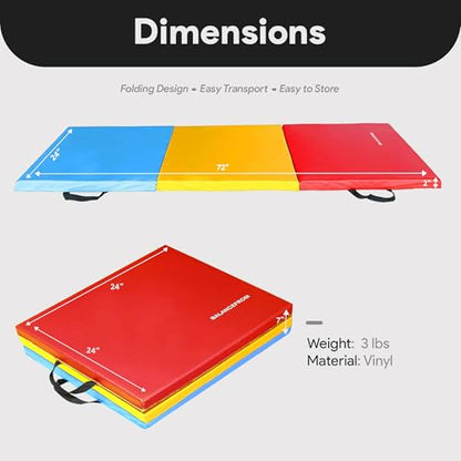 BalanceFrom 6x2 Feet 3-Panel Folding Gymnastics Mat – 2-Inch Thick Pad with Vinyl Surface and Carrying Handles for Tumbling, Yoga, Pilates, Home Workouts, and Martial Arts - color: Multi-Color