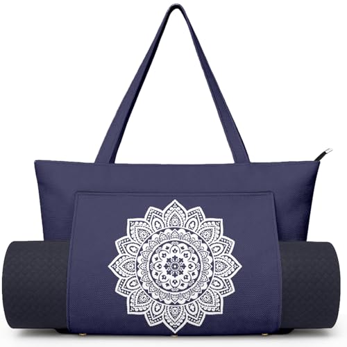 Yoga Bag for Women, Large Canvas Yoga Mat Tote Bag with Yoga Mat Carrier | Large Mat Pocket Fitness Tote for Pilates, Gym, Travel, Office & Beach - color: Grey Mandala