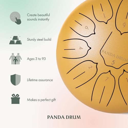 Panda Drum Plus (Sandstone) | Steel Tongue Drum | 11 Inch | Calming Handpan | with Music Book, Mallets, Carrying Bag & Finger Picks | 432 Hz Rain Drum | Calming Musical Instrument for Adults - color: 2-Sandstone