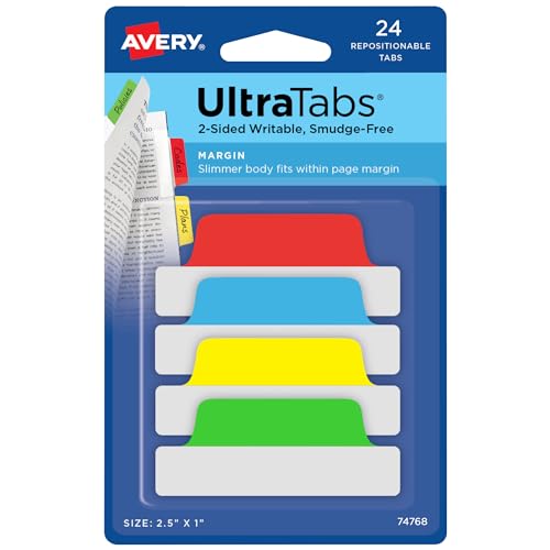Avery Margin Ultra Tabs, 2.5" x 1", Repositionable, 24 Tabs | For Bookmarking Pages in Notebooks and Bibles, See-Through Clear Body, 2-Side Writable, Smudge-Resistant, For Planners - color: Assorted Colors, style: 24 tabs