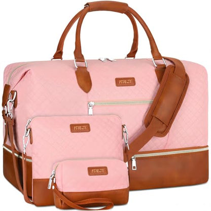 ITIEZY Weekender Bag for Women 21.5" Travel Duffel Large Carry On Bag 3PCS | Nylon Duffel Bag with Waterproof Shoe Compartment, Crossbody Bag and Toiletry Bag, Travel Weekend Hospital Overnight Gym Bag - color: 3-Pink