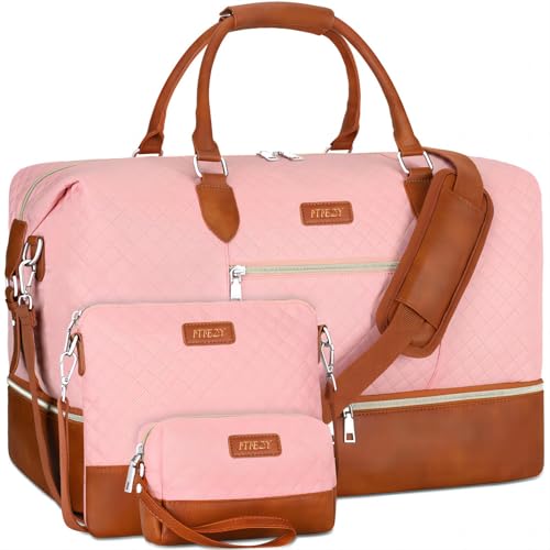 ITIEZY Weekender Bag for Women 21.5" Travel Duffel Large Carry On Bag 3PCS | Nylon Duffel Bag with Waterproof Shoe Compartment, Crossbody Bag and Toiletry Bag, Travel Weekend Hospital Overnight Gym Bag - color: 3-Pink