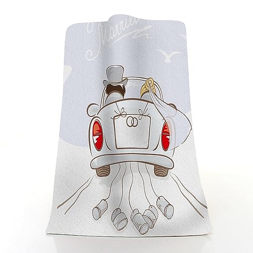 Pehede Just Married Hand Towel Newlyweds in a Car Wedding, Love Cute Can Soft Guest Face Bath Towel Bathroom Decorations Thin Kitchen Tea Dish Towels 15 x 30 inch - color: Just Married