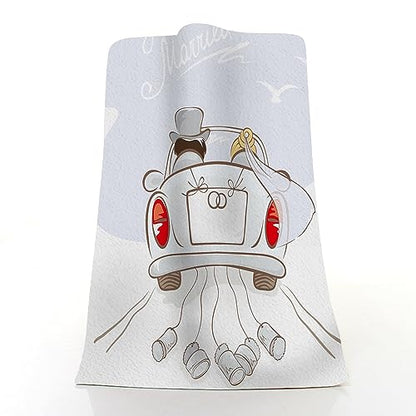 Pehede Just Married Hand Towel Newlyweds in a Car Wedding, Love Cute Can Soft Guest Face Bath Towel Bathroom Decorations Thin Kitchen Tea Dish Towels 15 x 30 inch - color: Just Married
