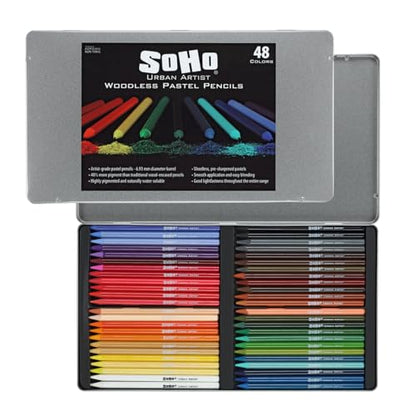 Soho Urban Artist Woodless Pastel Pencils - Set of 48, Professional Artist-Grade, 40% More Pastel, Water-Soluble, Pre-Sharpened, Easy Blending, 6.93mm Barrel, Clear Lacquered - size: 1 Count (Pack of 1)