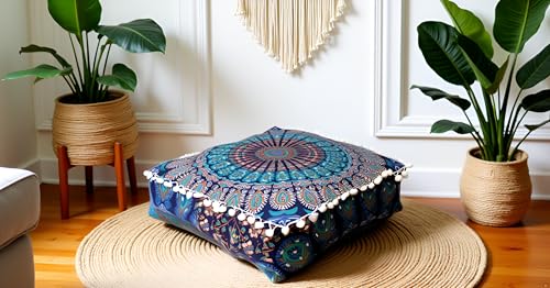 CRAFT KALA Blue Peacock 대형 히피 만다라 명상 바닥 오토만 베개 쿠션 푸프 커버 스퀘어 푸프 보헤미안 원형 바닥 쿠션 케이스 야외 벽난로 요가 거실 장식 40.6cm 정사각형 - color: 블루., size: 16"D x 16"W x 5"H