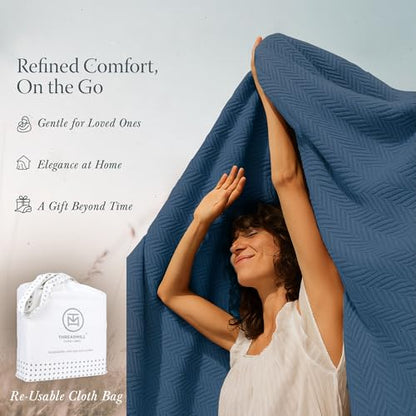 Threadmill Luxury 100% Cotton Twin Herringbone Blanket, Folkstone Blue - color: Folkstone Blue, size: Twin (68" x 92")