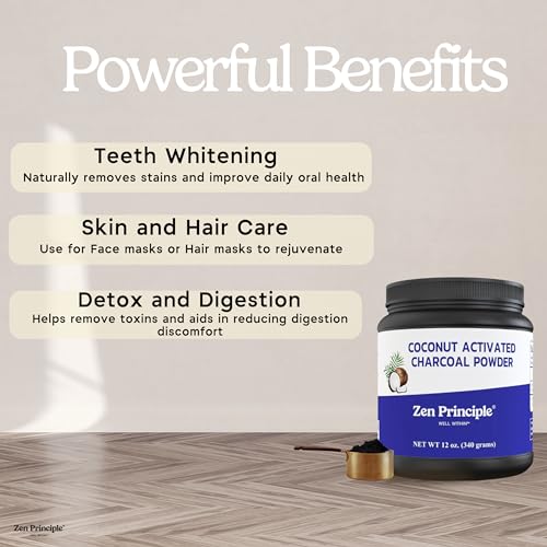 Zen Principle Coconut Activated Charcoal Powder. Whitens Teeth, Rejuvenates Skin and Hair, Supports Better Digestion. USA-Owned Producers, Free Scoop, 12 Oz - size: 12 Ounce (Pack of 1)
