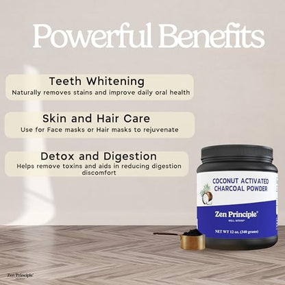 Zen Principle Coconut Activated Charcoal Powder. Whitens Teeth, Rejuvenates Skin and Hair, Supports Better Digestion. USA-Owned Producers, Free Scoop, 12 Oz - size: 12 Ounce (Pack of 1)