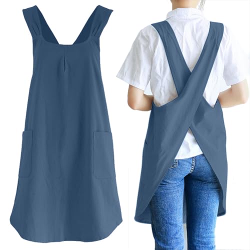 NEWGEM Japanese Cotton Linen Cross Back Cooking Apron for Women Men with Pockets Cute for Baking Kitchen - color: 08 - Women's Blue Gray