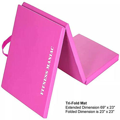 Fitness Maniac HIGH-DENSITY Firm Foam Folding Mat Thick Exercise Gymnastics Panel Gym Mats Non Slip with Carrying Handles Yoga Aerobics Workout Training - color: Tri-Fold (Pink)